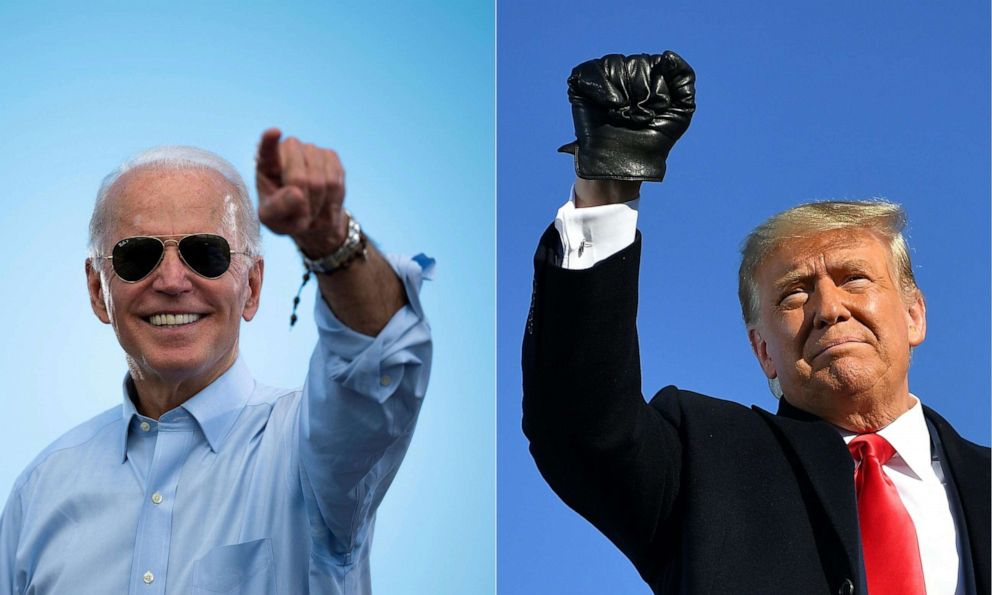 PHOTO: Former Vice President Joe Biden gestures prior to delivering remarks at a drive-in event in Coconut Creek, Fla., on Oct. 29, 2020, and President Donald Trump pumps his fist as he arrives to a campaign rally at in Green Bay, Wis., on Oct. 30, 2020.