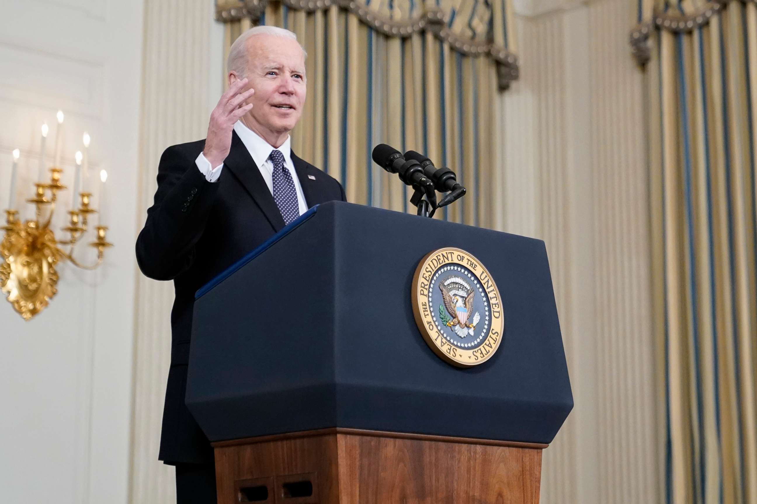 PHOTO: President Joe Biden speaks about Russian President Vladimir Putin and Russia's invasion of Ukraine after unveiling his proposed budget for fiscal year 2023 in the State Dining Room of the White House,  on March 28, 2022, in Washington, D.C.