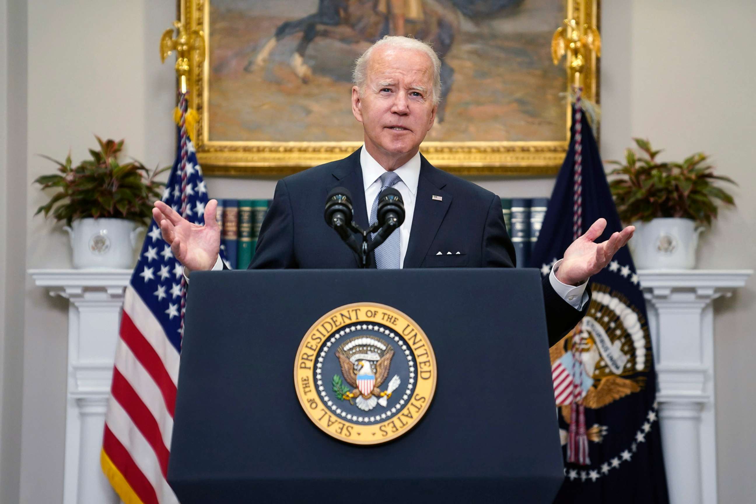 PHOTO: President Joe Biden delivers remarks on the Russian invasion of Ukraine, in the Roosevelt Room of the White House, April 21, 2022, in Washington, D.C. 