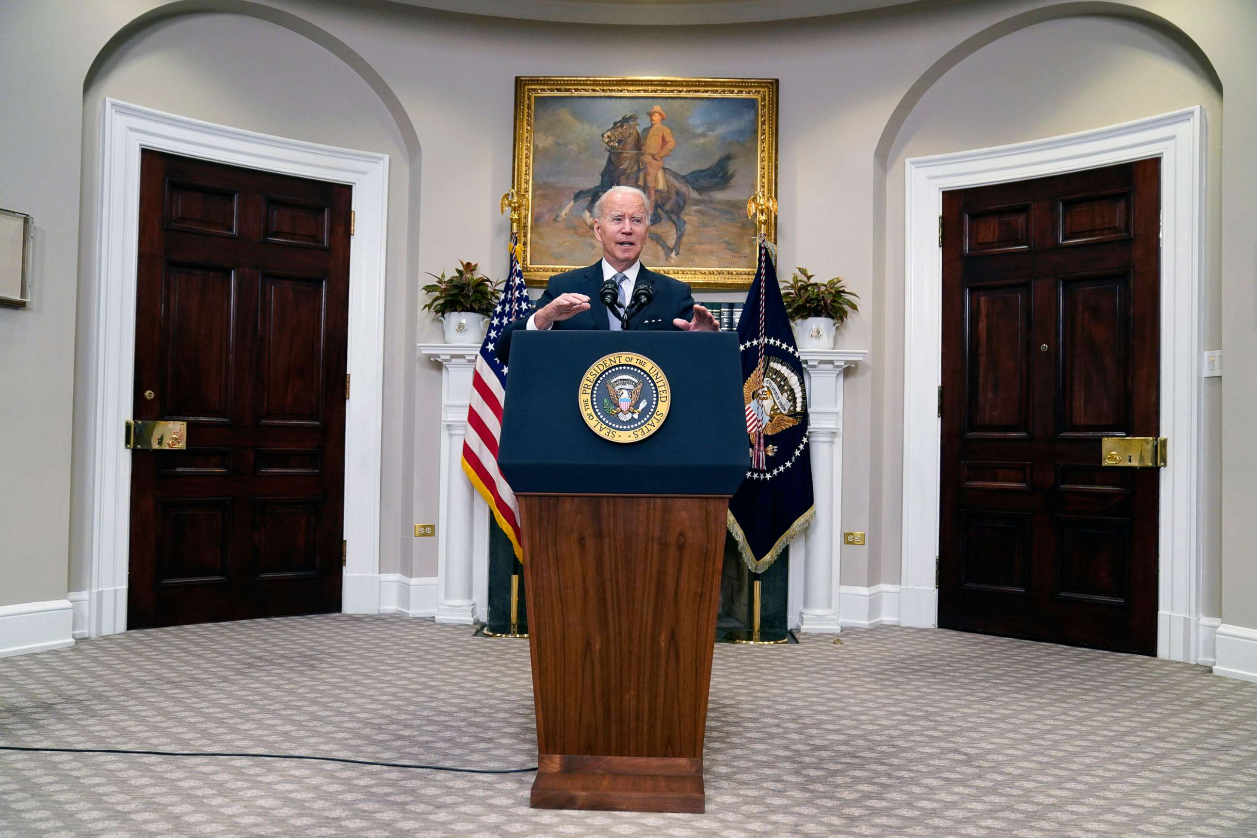 PHOTO: President Joe Biden delivers remarks on the Russian invasion of Ukraine, in the Roosevelt Room of the White House, April 21, 2022, in Washington, D.C. 