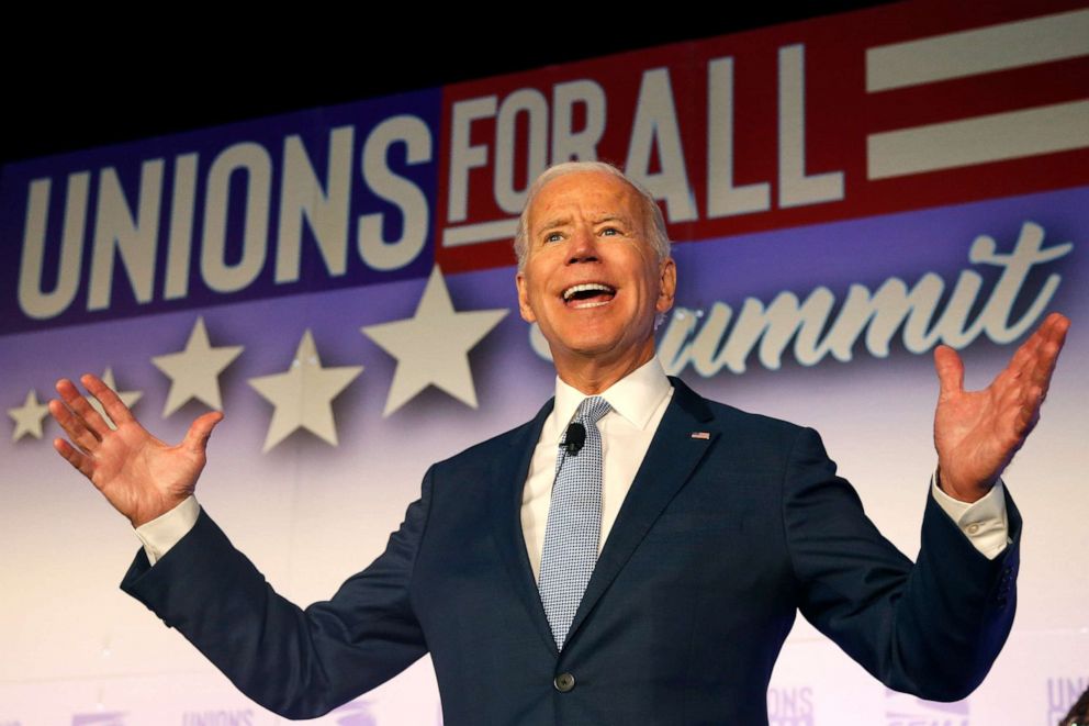 PHOTO: Former Vice President and Democratic presidential candidate Joe Biden speaks at the SEIU Unions For All Summit on Friday, Oct. 4, 2019, in Los Angeles.