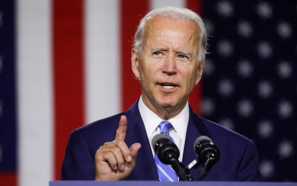 PHOTO: Democratic U.S. presidential candidate and former Vice President Joe Biden speaks during a campaign event in Wilmington, Delaware, U.S., July 14, 2020. 