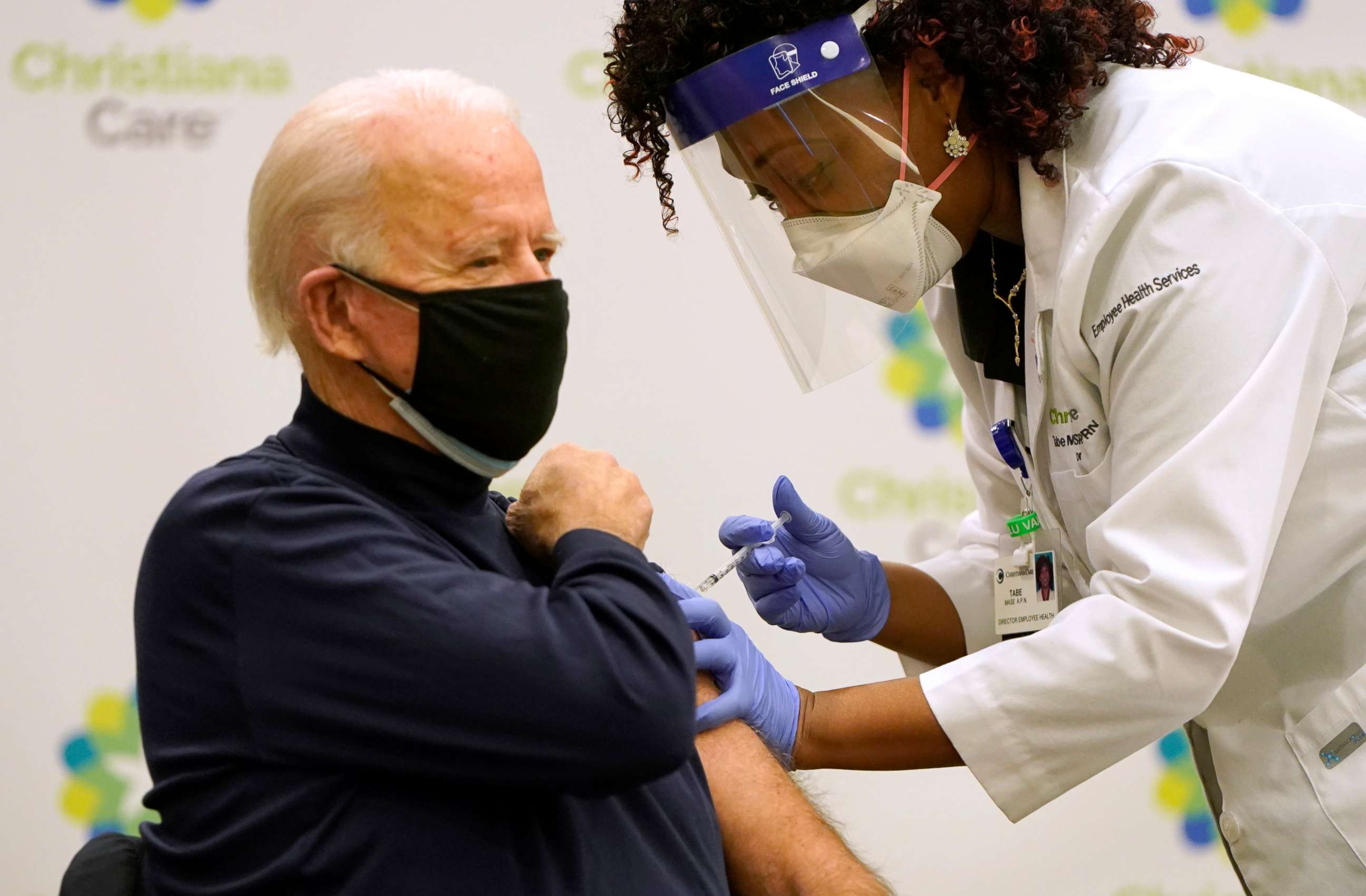 PHOTO: President-elect Joe Biden receives a COVID-19 Vaccination from nurse practitioner Tabe Masa at ChristianaCare Christiana Hospital, Dec. 21, 2020, in Newark, Delaware.