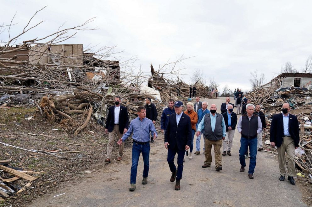 PHOTO: In this Dec. 15, 2021, file photo, President Joe Biden surveys storm damage from tornadoes and extreme weather in Dawson Springs, Ky.