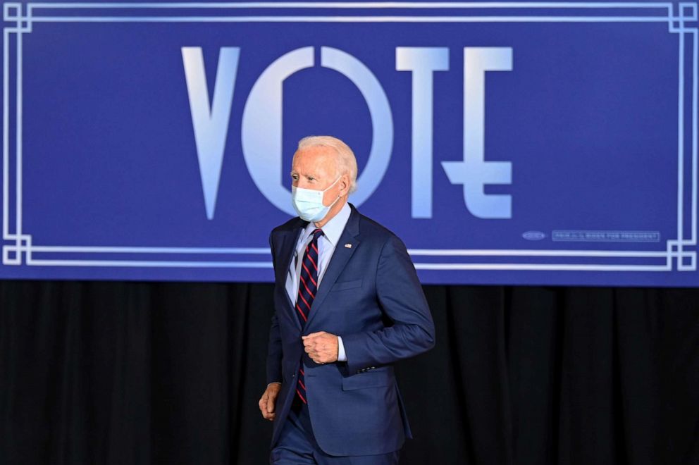 PHOTO: Democratic Presidential candidate and former Vice President Joe Biden arrives to delivers remarks at a voter mobilization event in Cincinnati on Oct. 12, 2020, where he'll speak to the importance of Ohioans making their voices heard this election.
