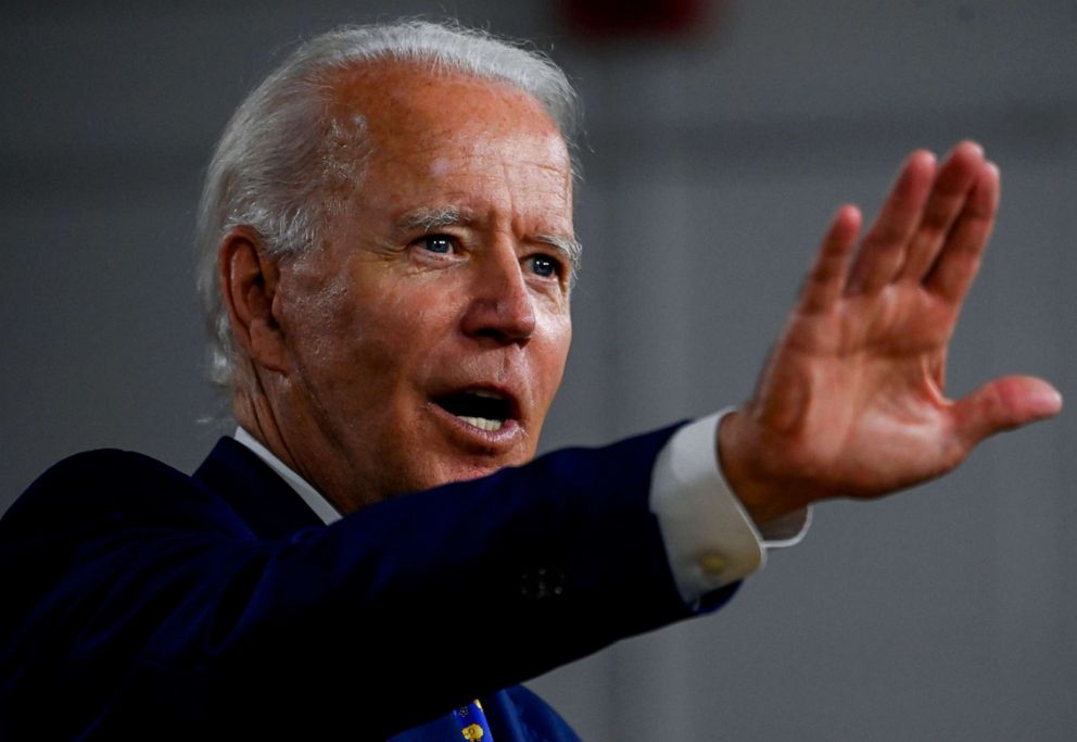 PHOTO: In this file photo taken on July 28, 2020 US Democratic presidential candidate and former Vice President Joe Biden speaks during a campaign event at the William "Hicks" Anderson Community Center in Wilmington, Delaware.