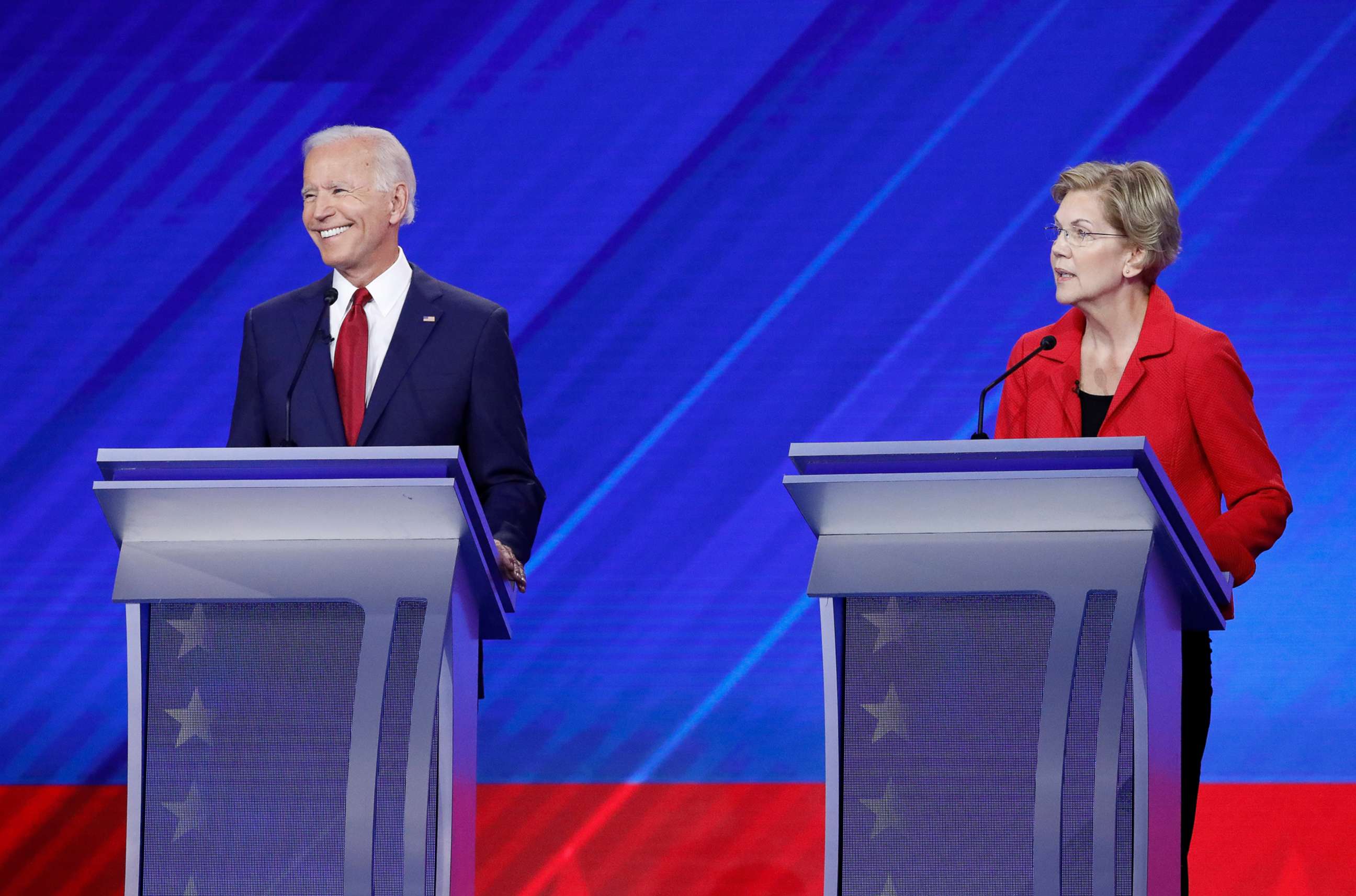 PHOTO: Democratic presidential hopefuls Joe Biden and Elizabeth Warren participate in the third Democratic primary debate hosted by ABC News in partnership with Univision at Texas Southern University in Houston, Texas, Sept. 12, 2019.