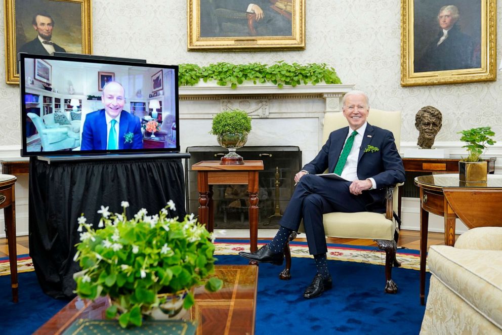 PHOTO: In this March 17, 2022, file photo, President Joe Biden meets virtually with Irish Prime Minister Micheal Martin in the Oval Office of the White House, in Washington, D.C.