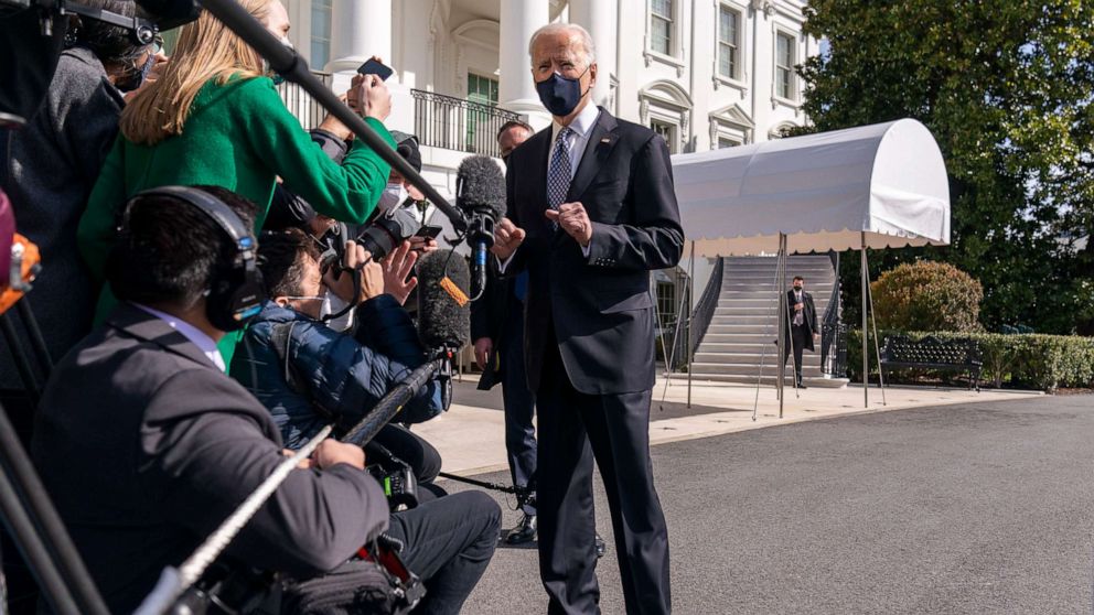 PHOTO: President Joe Biden speaks to reporters before boarding Marine One on the South Lawn of the White House in Washington, D.C., March 19, 2021, for a short trip to Andrews Air Force Base, Md., and then on to Atlanta.