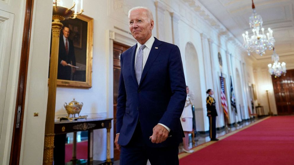 PHOTO: President Joe Biden arrives to sign the Instruments of Ratification for the NATO Accession Protocols for Finland and Sweden in the East Room at the White House in Washington D.C., on Aug. 9, 2022.