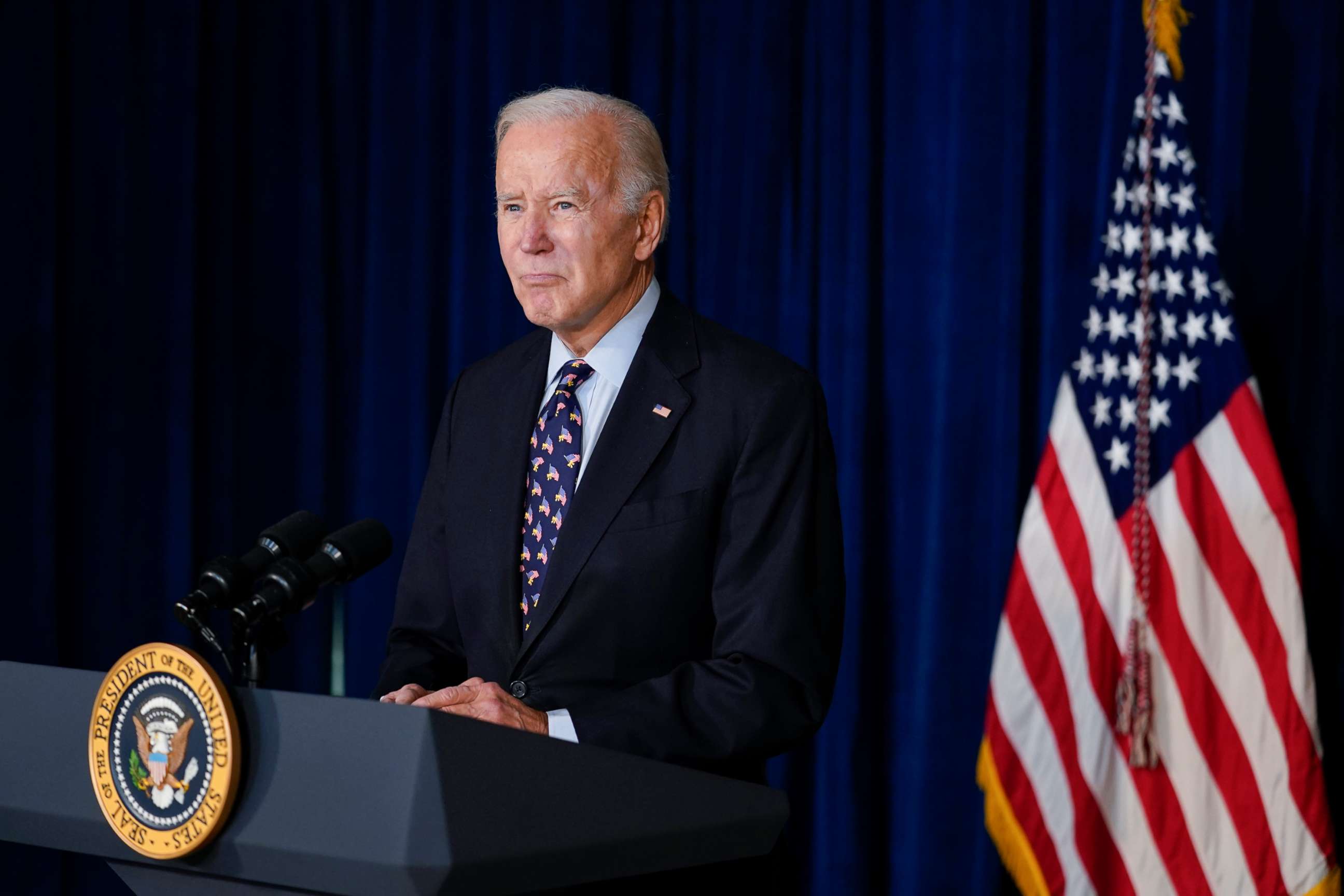 PHOTO: President Joe Biden pauses as he speaks at the Chase Center in Wilmington, Del., on Dec. 11, 2021.