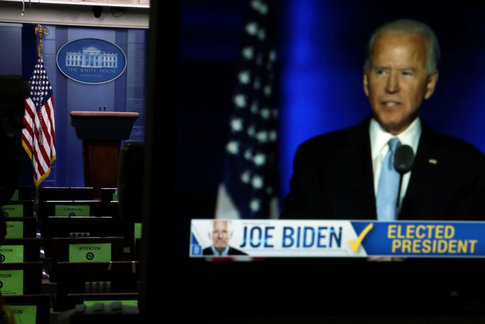 PHOTO: President-elect Joe Biden is shown on a TV in the James Brady Press Briefing Room of the White House as he addresses the nation from outside Chase Center in Wilmington, Del., on Nov. 7, 2020, in Washington, DC.