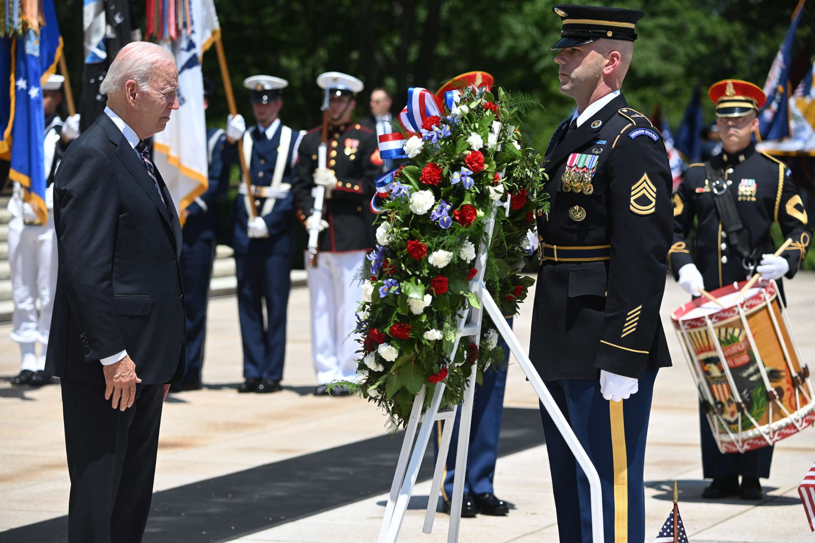 PHOTO: President Joe Biden participates in a wreath laying ceremony at the Tomb of the Unknown Soldier on Memorial Day at Arlington National Cemetery in Arlington, Virginia, May 30, 2022.