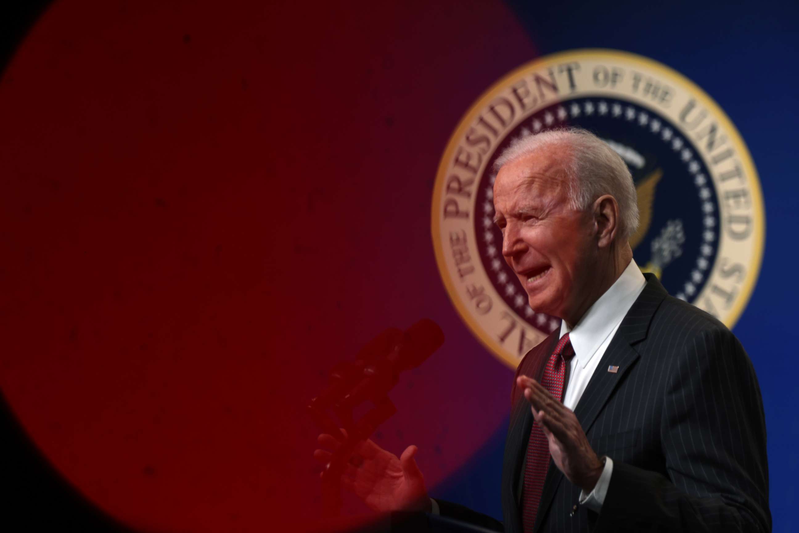 PHOTO: *** BESTPIX *** WASHINGTON, DC - FEBRUARY 10:  U.S. President Joe Biden speaks as he makes a statement at the South Court Auditorium at Eisenhower Executive Building February 10, 2021 in Washington, DC. 