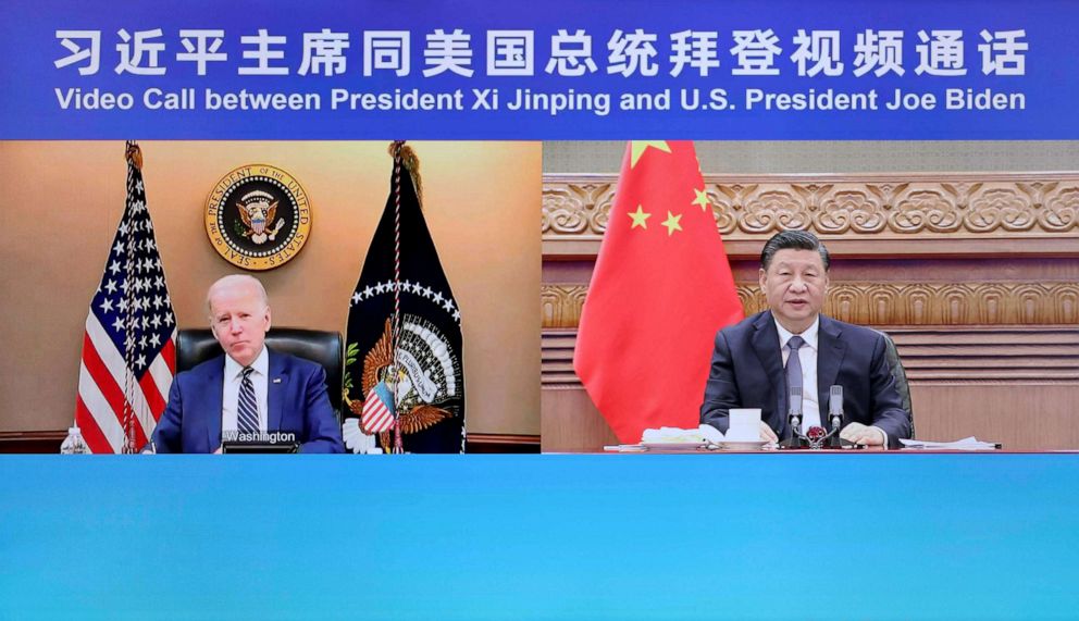 PHOTO: In this March 18, 2022, file photo, Chinese President Xi Jinping has a video call with U.S. President Joe Biden at the latter's request, in Beijing. 