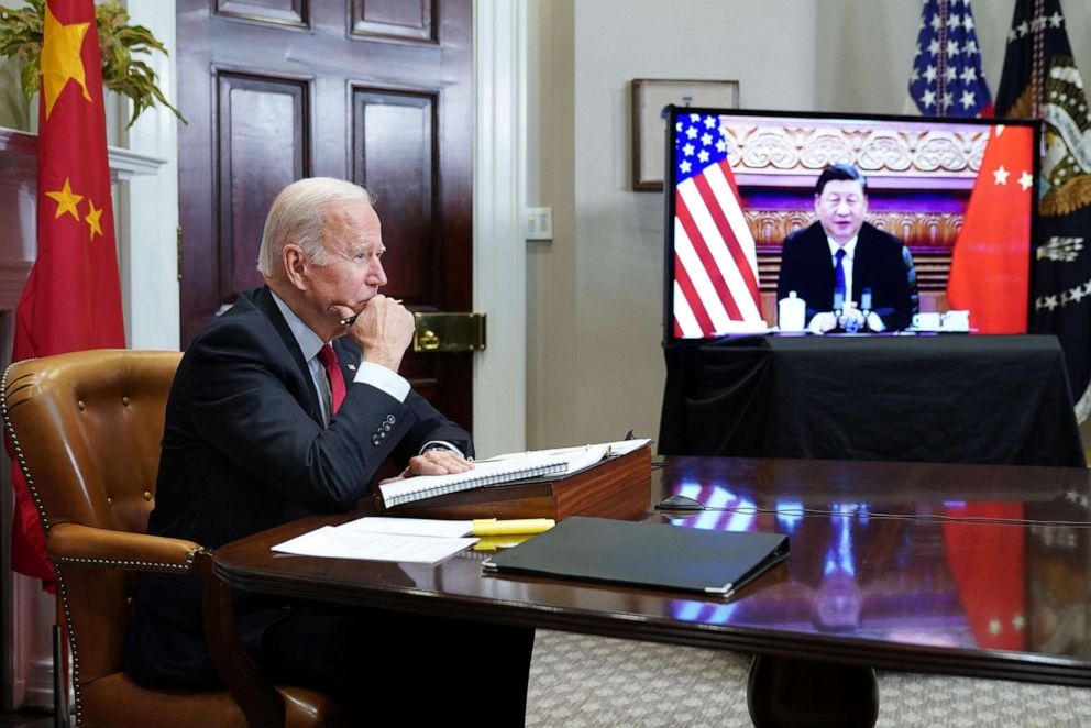 PHOTO: In this Nov. 15, 2021, file photo, President Joe Biden meets with China's President Xi Jinping during a virtual summit from the Roosevelt Room of the White House in Washington, D.C.