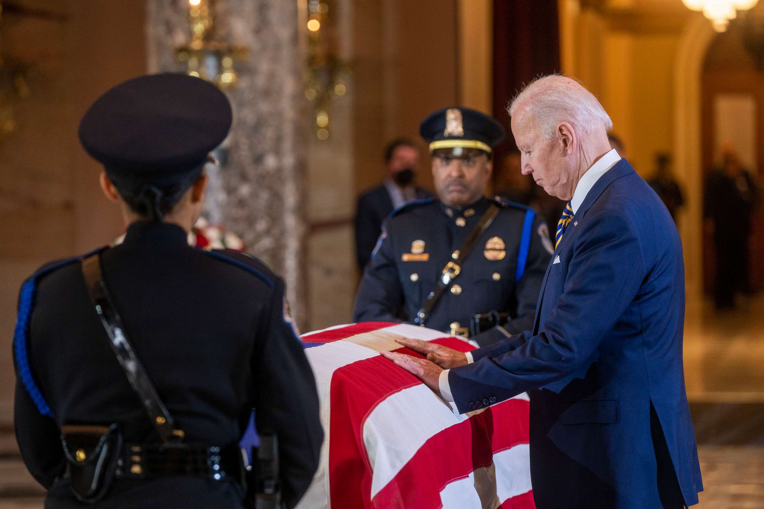 PHOTO: President Joe Biden pays his respects at the casket of Rep. Don Young (R-AK) as Young lies in state in National Statuary Hall at the U.S. Capitol, March 29, 2022 in Washington, DC.