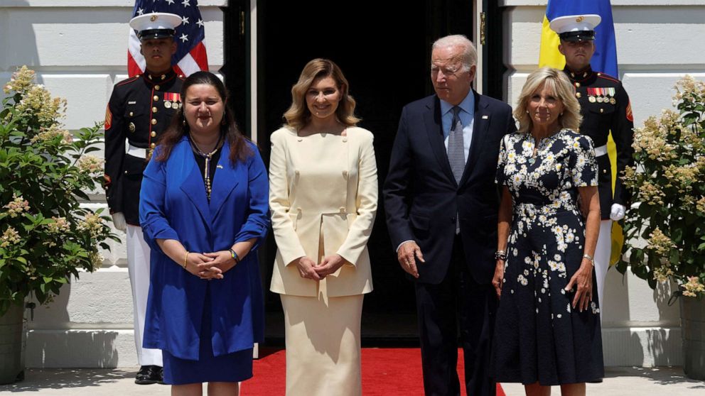 PHOTO: President Joe Biden and first lady Jill Biden welcome Ukrainian first lady Olena Zelenska and Ukrainian ambassador to the U.S. Oksana Markarova at the White House in Washington, July 19, 2022.