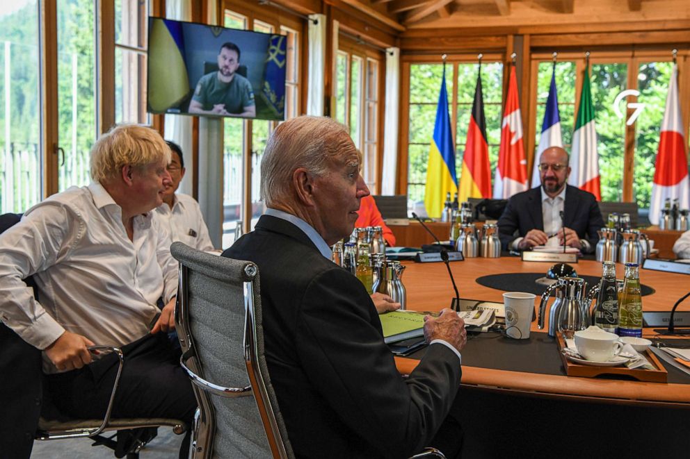 PHOTO: Ukraine President Volodymyr Zelenskyy appears on screen to address the G7 leaders via video link during their working session at Castle Elmau in Kruen, Germany, June 27, 2022.