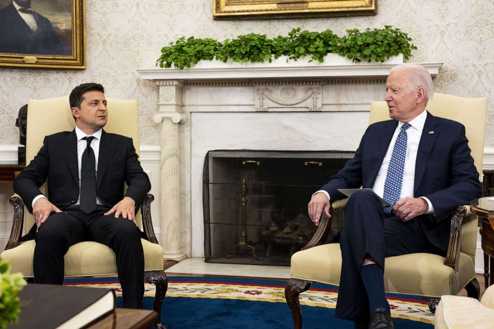PHOTO: President Joe Biden and Volodymyr Zelenskyy, Ukraine's president, meet in the Oval Office of the White House, Sept. 1, 2021.