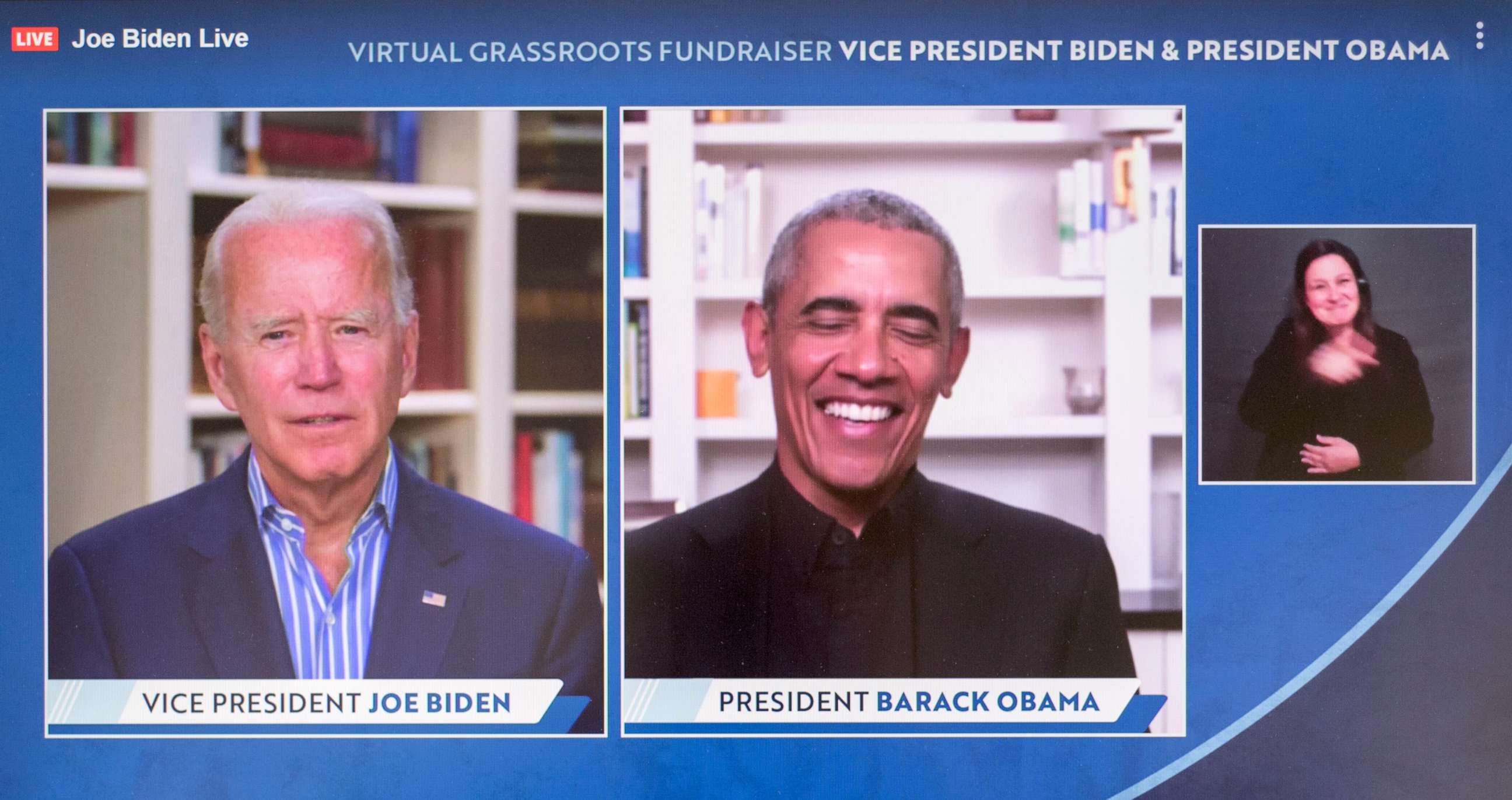 PHOTO: A screen grab shows Joe Biden and Barack Obama at a virtual grass roots fundraiser for the Biden 2020 presidential campaign.