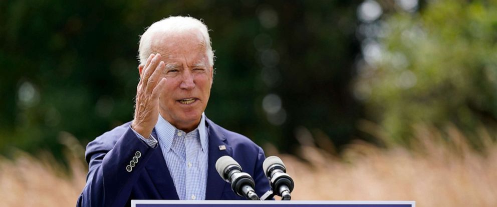 PHOTO: Democratic presidential candidate and former Vice President Joe Biden speaks about climate change and wildfires affecting western states, Sept. 14, 2020, in Wilmington, Del.