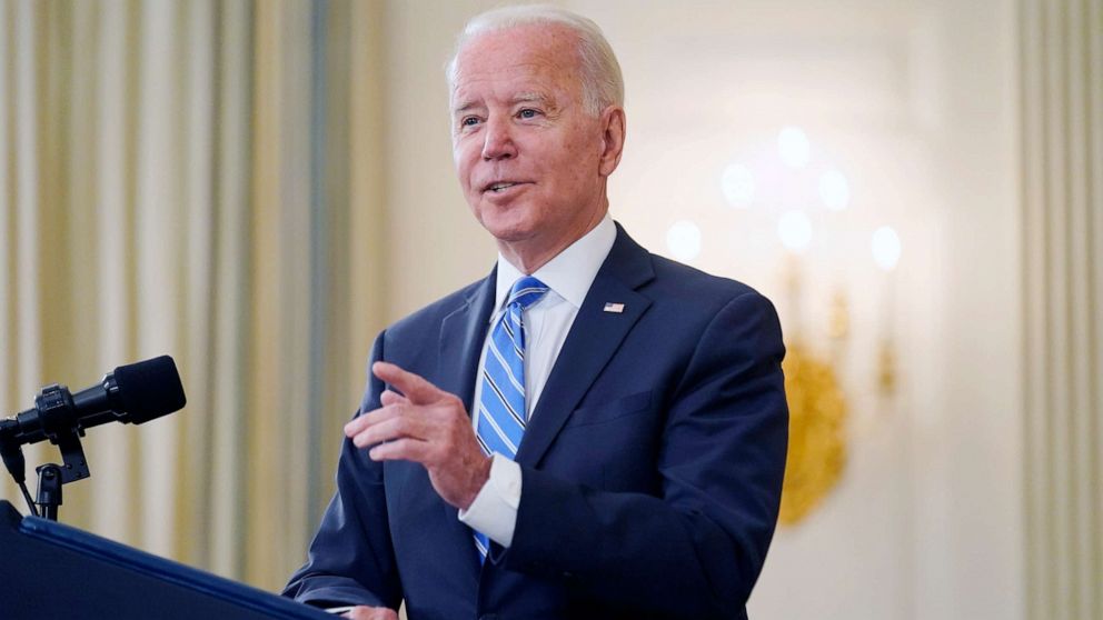 PHOTO: President Joe Biden speaks about the economy and his infrastructure agenda in the State Dining Room of the White House, in Washington, July 19th, 2021.