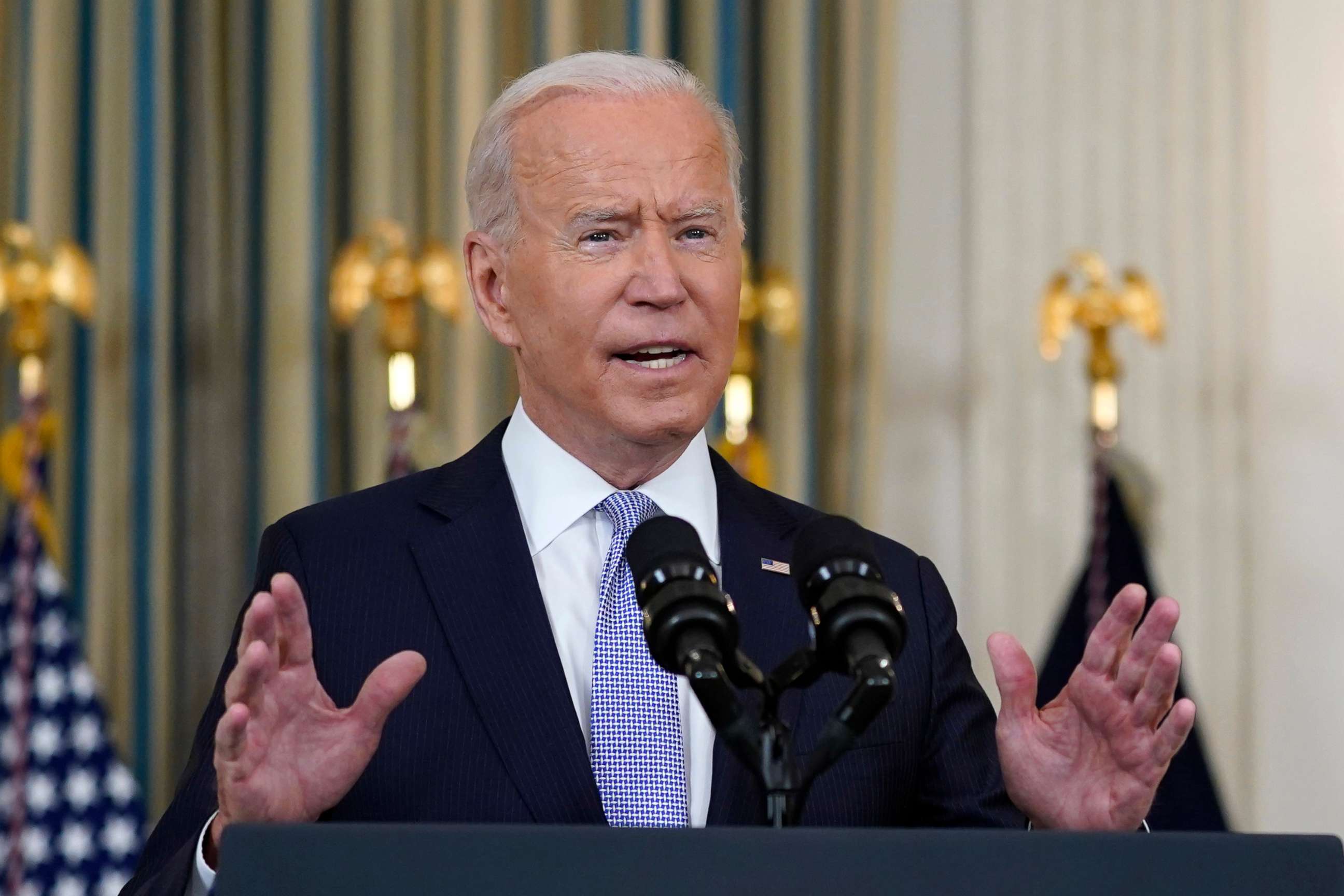 PHOTO: President Joe Biden speaks about the COVID-19 response and vaccinations in the State Dining Room of the White House, Sept. 24, 2021, in Washington.