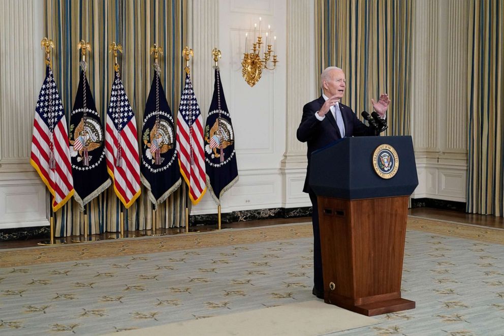 PHOTO: President Joe Biden speaks about the March jobs report in the State Dining Room of the White House, April 1, 2022, in Washington.