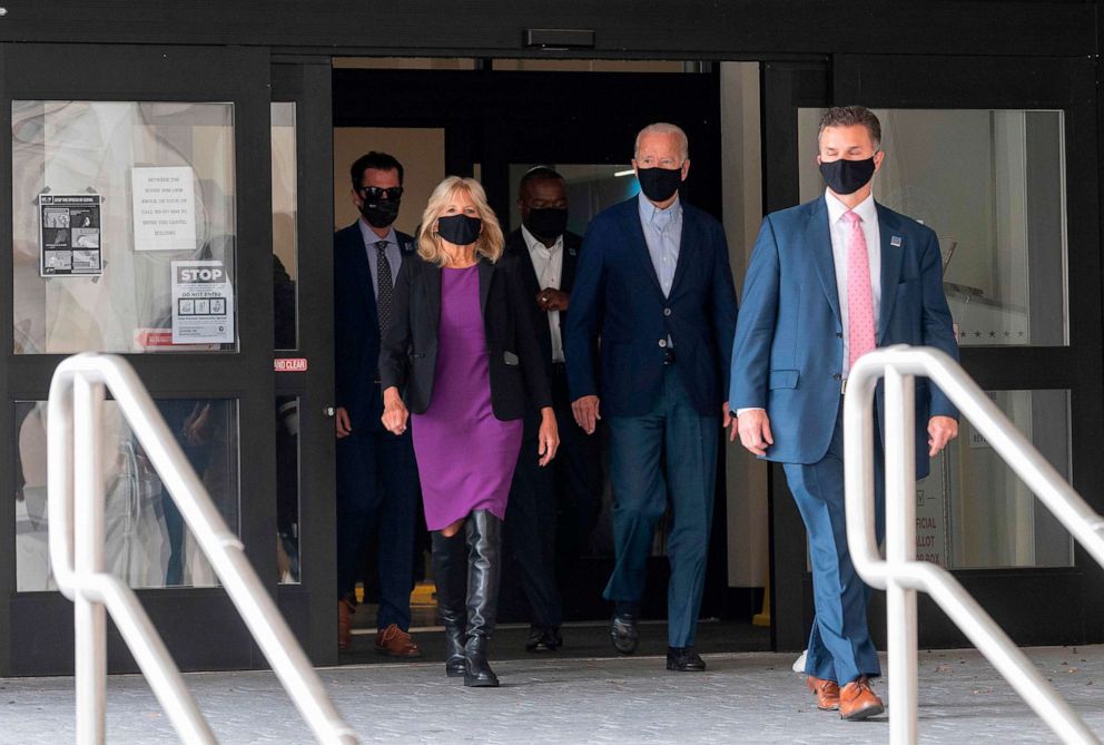 PHOTO:Democratic presidential candidate Joe Biden walks out of the state building with his wife Jill, after voting in the Delaware state primary in Wilmington, Del., on Sept. 14, 2020.