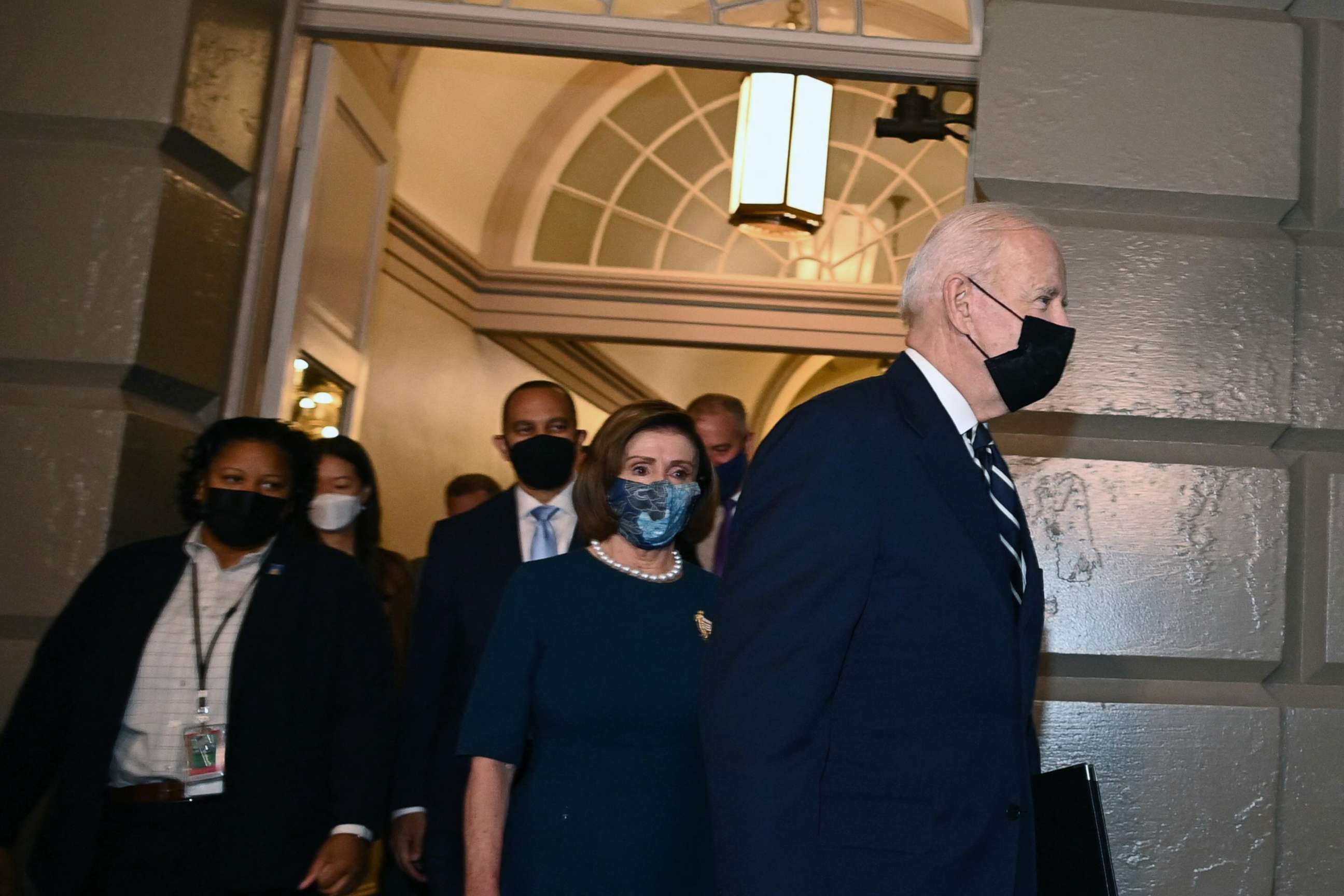 PHOTO: President Joe Biden followed by Speaker of the House Nancy Pelosi, arrives at the Capitol in Washington, D.C., Oct. 28, 2021.