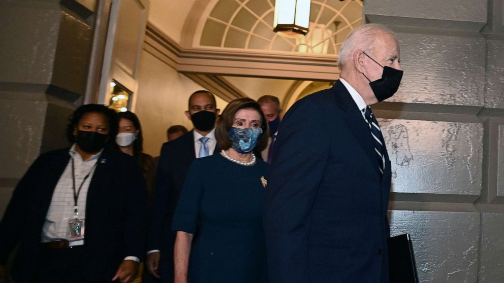PHOTO: President Joe Biden followed by Speaker of the House Nancy Pelosi, arrives at the Capitol in Washington, D.C., Oct. 28, 2021.