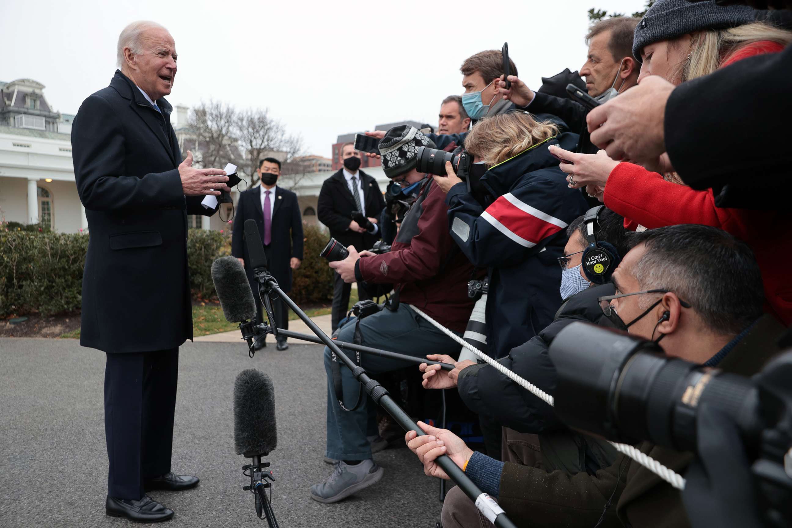 PHOTO: President Joe Biden stops to talk to reporters before departing the White House, Dec. 8, 2021, in Washington, D.C.