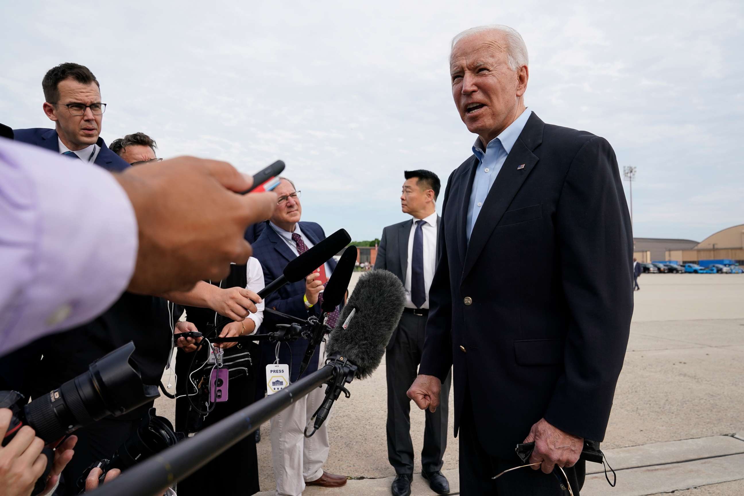 PHOTO: President Joe Biden speaks with reporters before boarding Air Force One, June 9, 2021, at Andrews Air Force Base, Md.