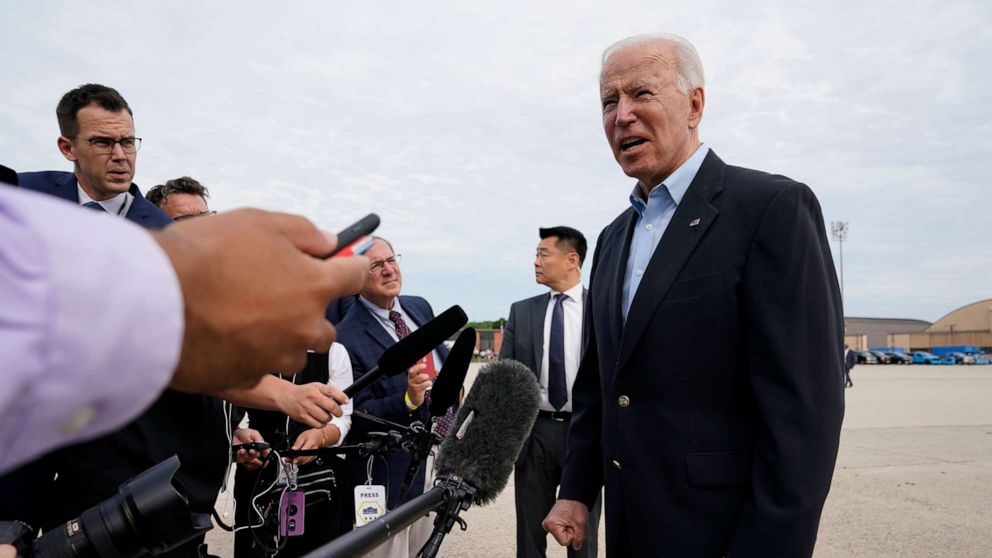 PHOTO: President Joe Biden speaks with reporters before boarding Air Force One, June 9, 2021, at Andrews Air Force Base, Md.