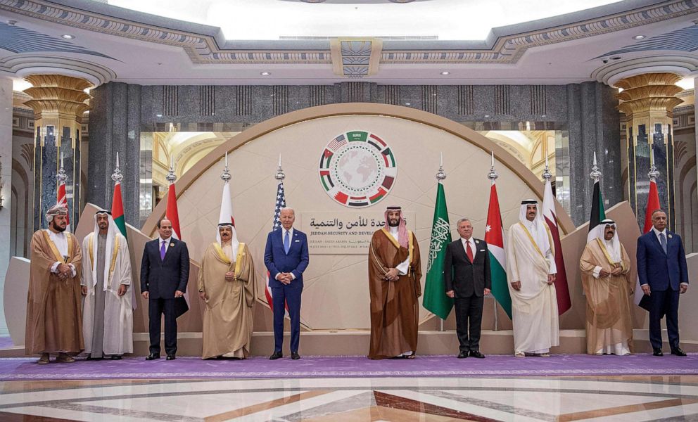 PHOTO: The family photo during the Jeddah Security and Development Summit (GCC+3) at a hotel in Saudi Arabia's Red Sea coastal city of Jeddah on July 16, 2022.