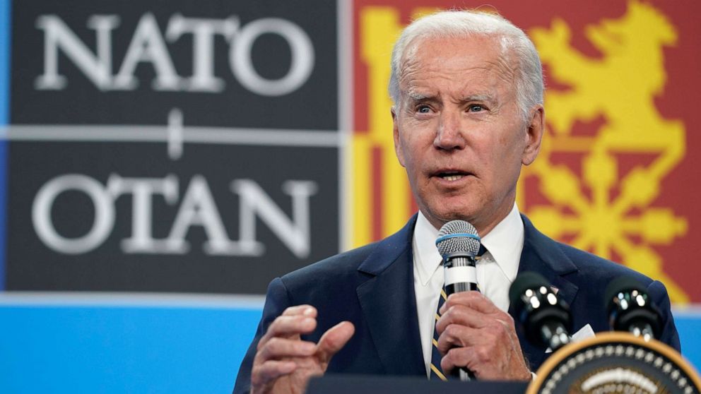 PHOTO: President Joe Biden speaks during a news conference on the final day of the NATO summit in Madrid, June 30, 2022. 