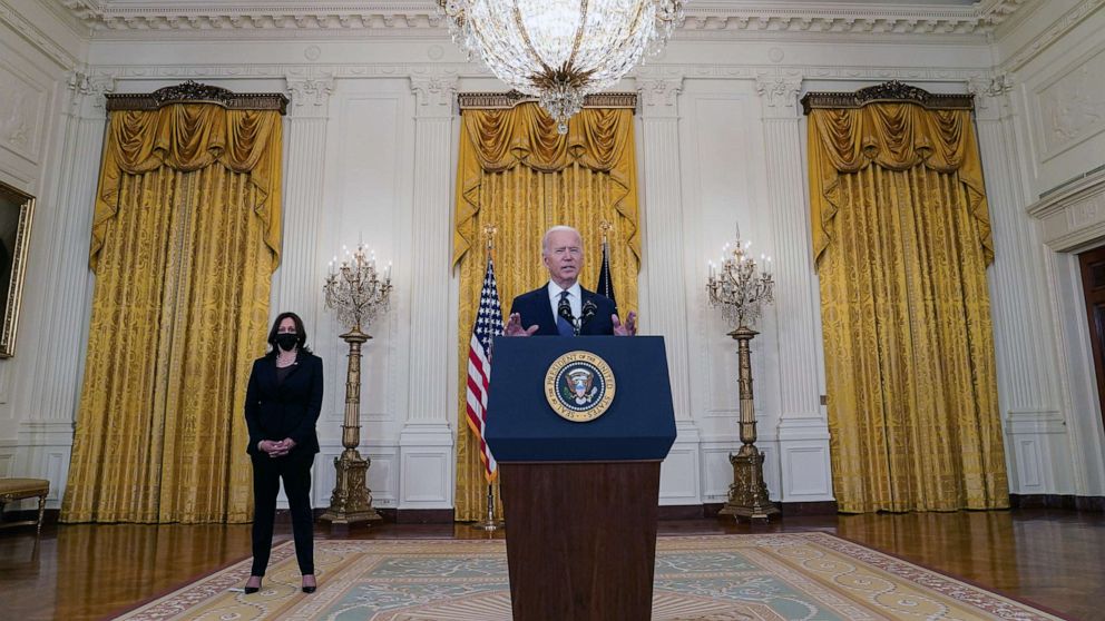 PHOTO: President Joe Biden speaks about the Colonial Pipeline outage following a cyber attack while facing reporters with Vice President Kamala Harris in the East Room at the White House in Washington, May 10, 2021.