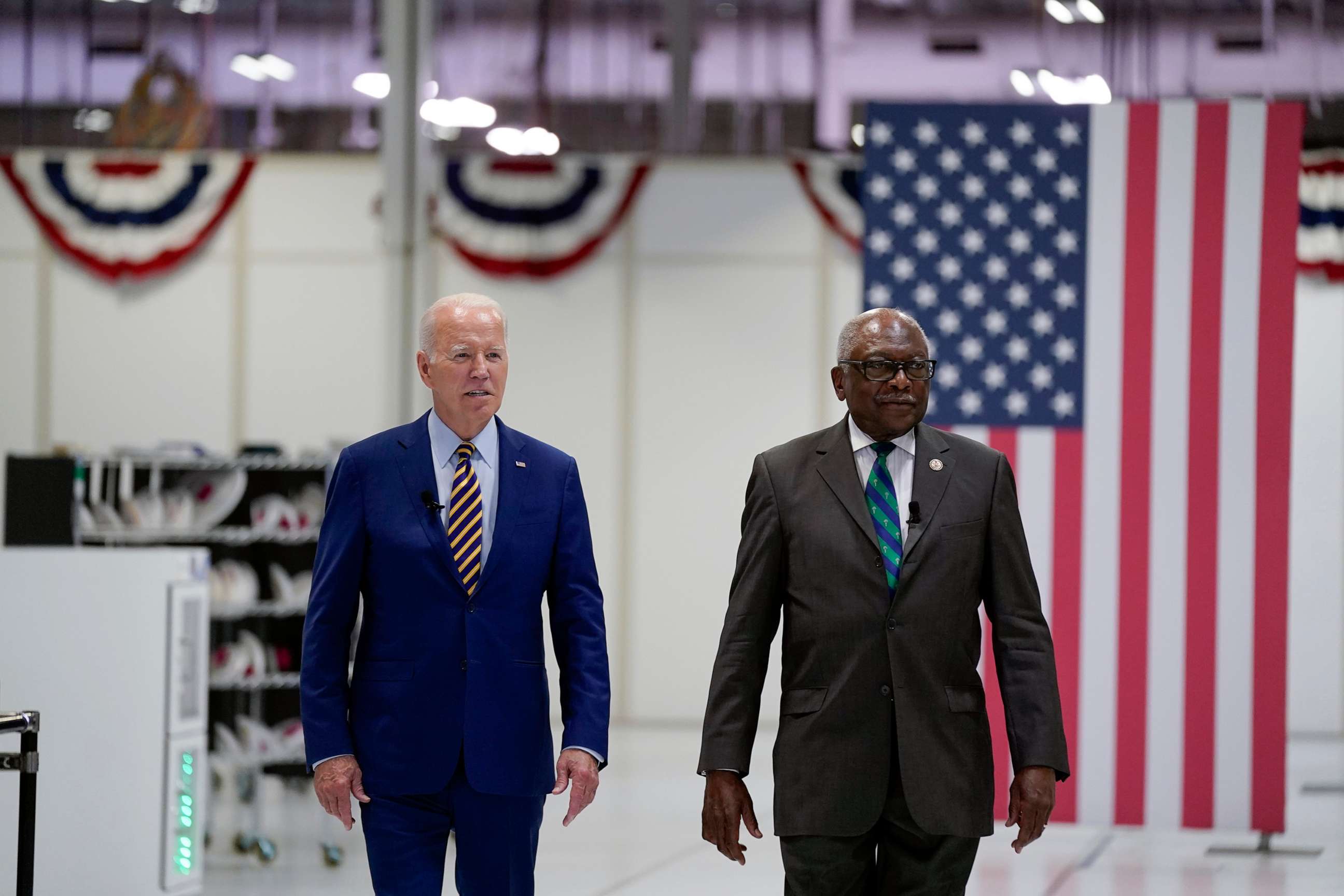 PHOTO: President Joe Biden and Rep. Jim Clyburn arrive for a tour at Flex LTD July 6, 2023, in West Columbia, S.C.