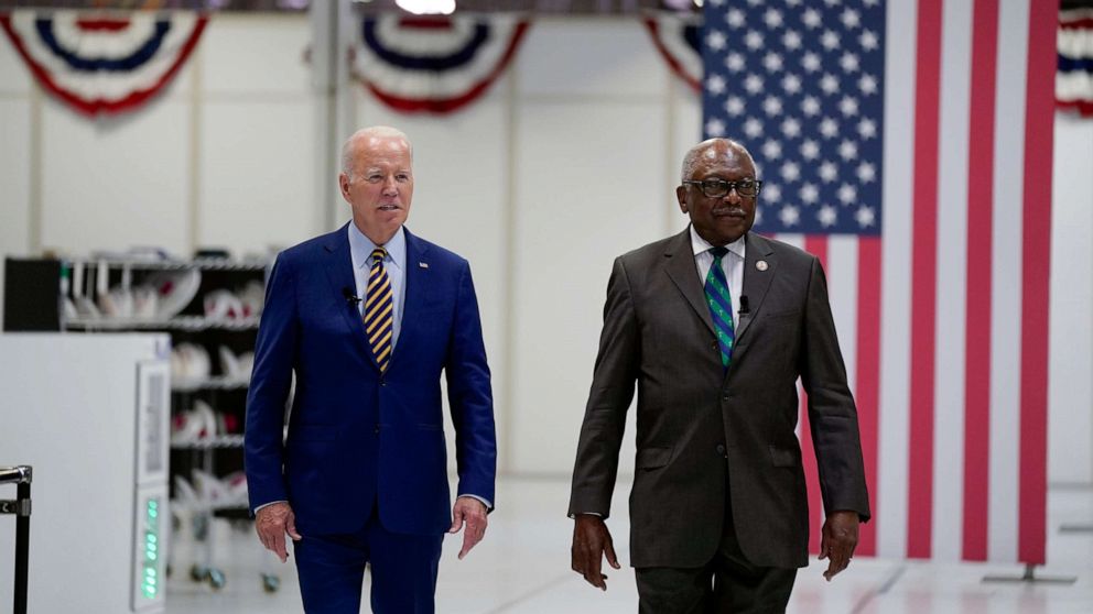 PHOTO: President Joe Biden and Rep. Jim Clyburn arrive for a tour at Flex LTD July 6, 2023, in West Columbia, S.C.
