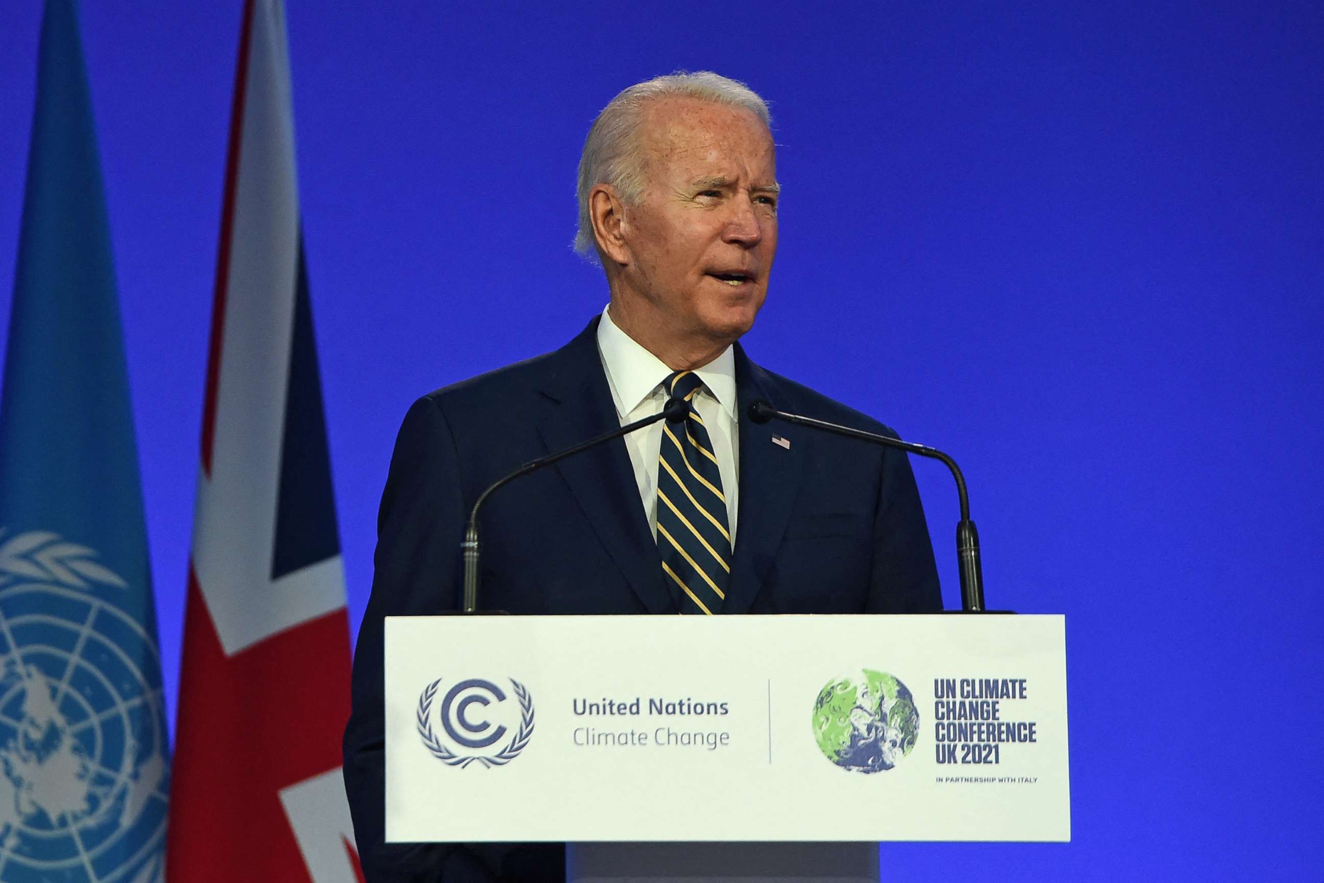 PHOTO: President Joe Biden presents his national statement as part of the World Leaders' Summit of the COP26 UN Climate Change Conference in Glasgow, Scotland, Nov. 1, 2021.