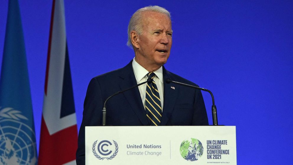 PHOTO: President Joe Biden presents his national statement as part of the World Leaders' Summit of the COP26 UN Climate Change Conference in Glasgow, Scotland, Nov. 1, 2021.
