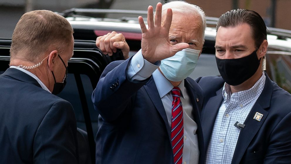 PHOTO: Democratic presidential candidate former Vice President Joe Biden waves as he arrives at The Queen theatre in Wilmington, Del., Oct. 19, 2020.  