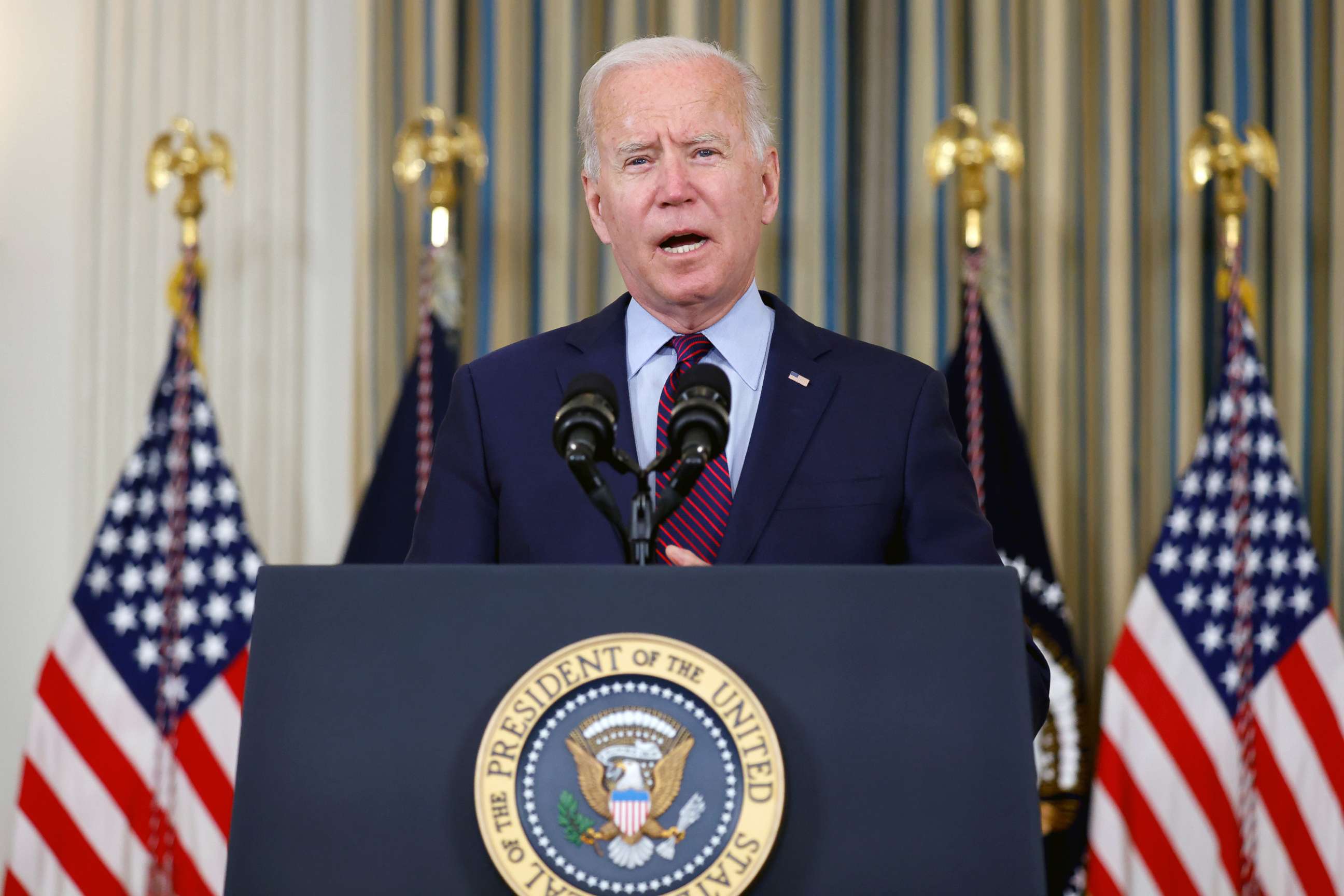 PHOTO: President Joe Biden delivers remarks on the U.S. debt ceiling from the State Dining Room of the White House in Washington, Oct. 4, 2021.