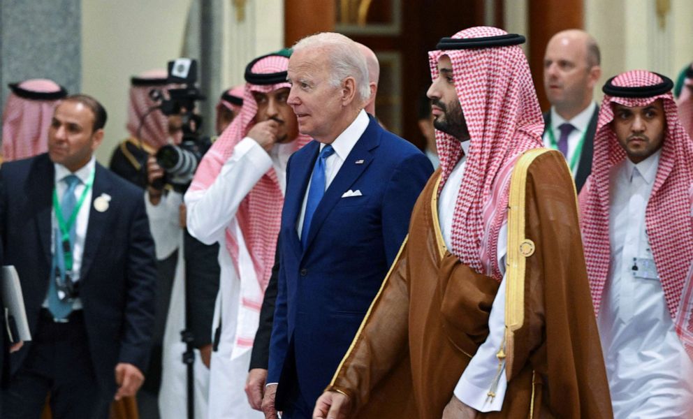 PHOTO: President Biden and Saudi Crown Prince Mohammed bin Salman arrive for the family photo during the Jeddah Security and Development Summit (GCC+3) at a hotel in Jeddah, Saudi Arabia, July 16, 2022.