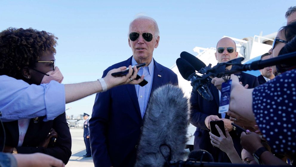 PHOTO: President Joe Biden speaks to the media before boarding Air Force One for a trip to Kentucky to view flood damage, Aug. 8, 2022, in Dover Air Force Base, Del. 