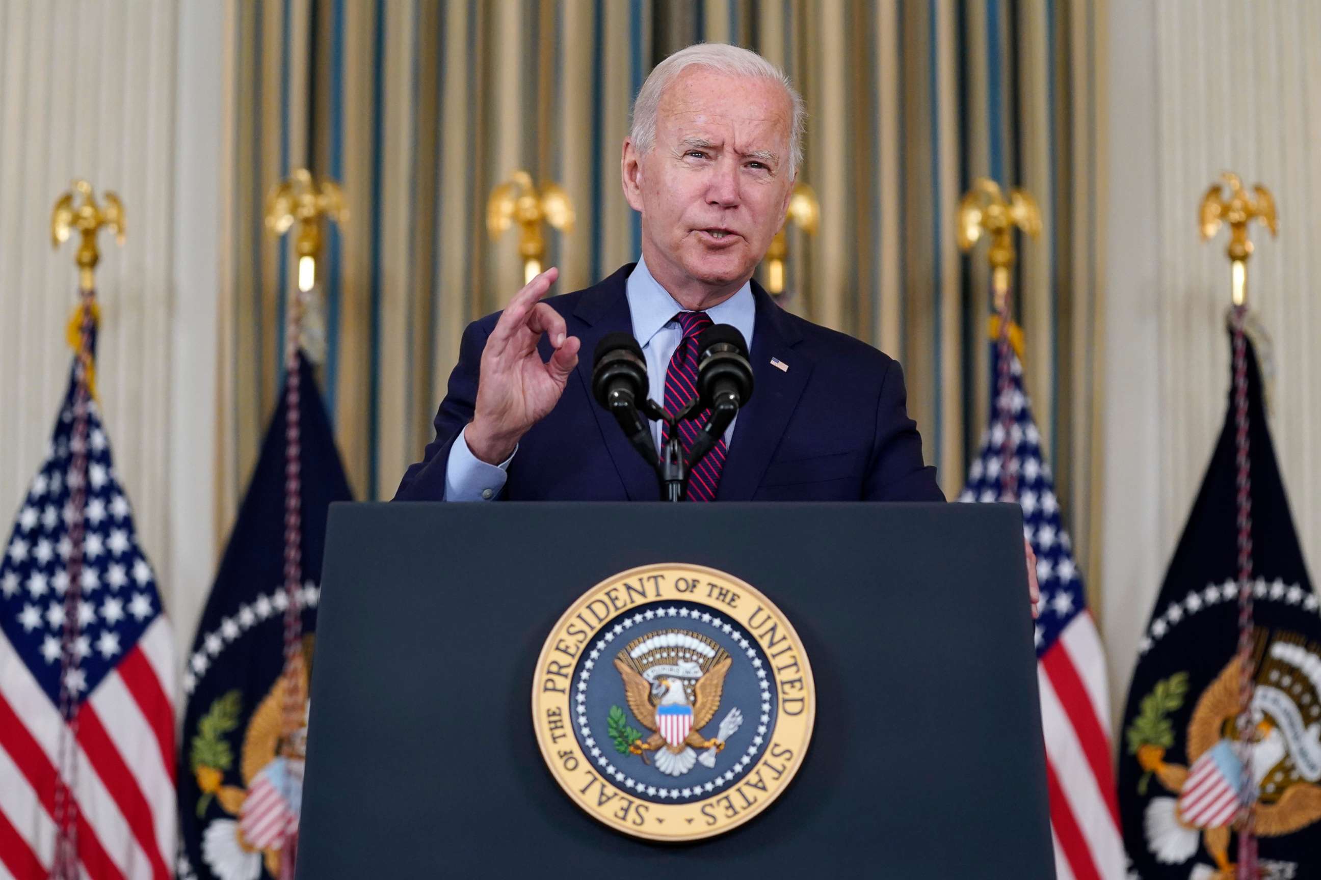 PHOTO: President Joe Biden delivers remarks on the debt ceiling during an event in the State Dining Room of the White House, Oct. 4, 2021, in Washington.