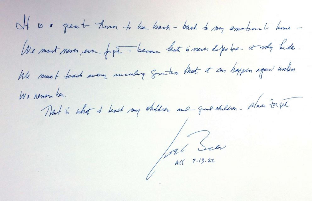 PHOTO: A note written and signed by U.S. President Joe Biden after his visit to the Hall of Remembrance of the Yad Vashem Holocaust Memorial museum is pictured, in Jerusalem, July 13, 2022.