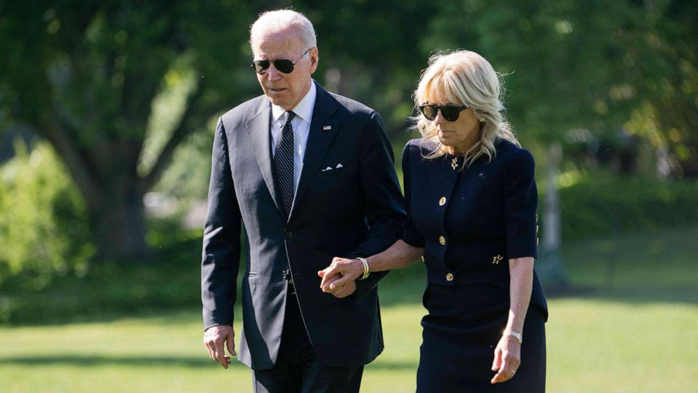 PHOTO: President Joe Biden and first lady Jill Biden walk on the South Lawn of the White House in Washington, D.C, May 30, 2022.