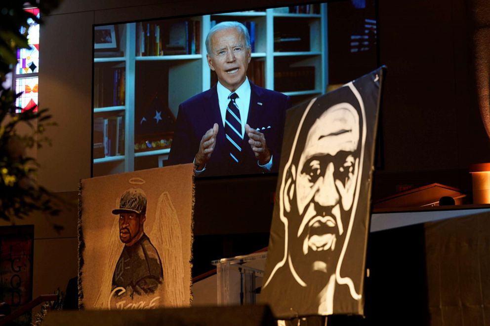 PHOTO: Democratic presidential candidate Joe Biden speaks via video link as family and guests attend the funeral service for George Floyd at The Fountain of Praise church in Houston, June 9, 2020.